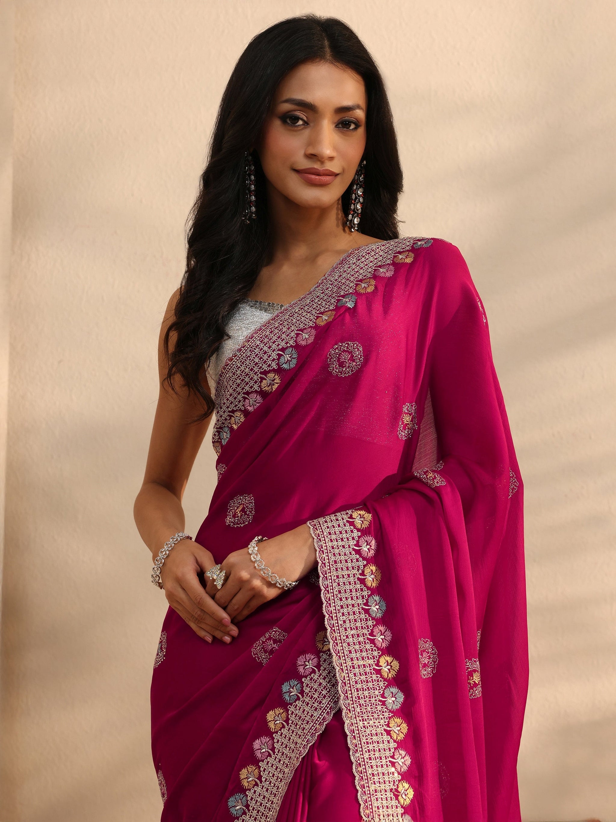 Libas Pink Embellished Satin Saree With Unstitched Blouse Piece