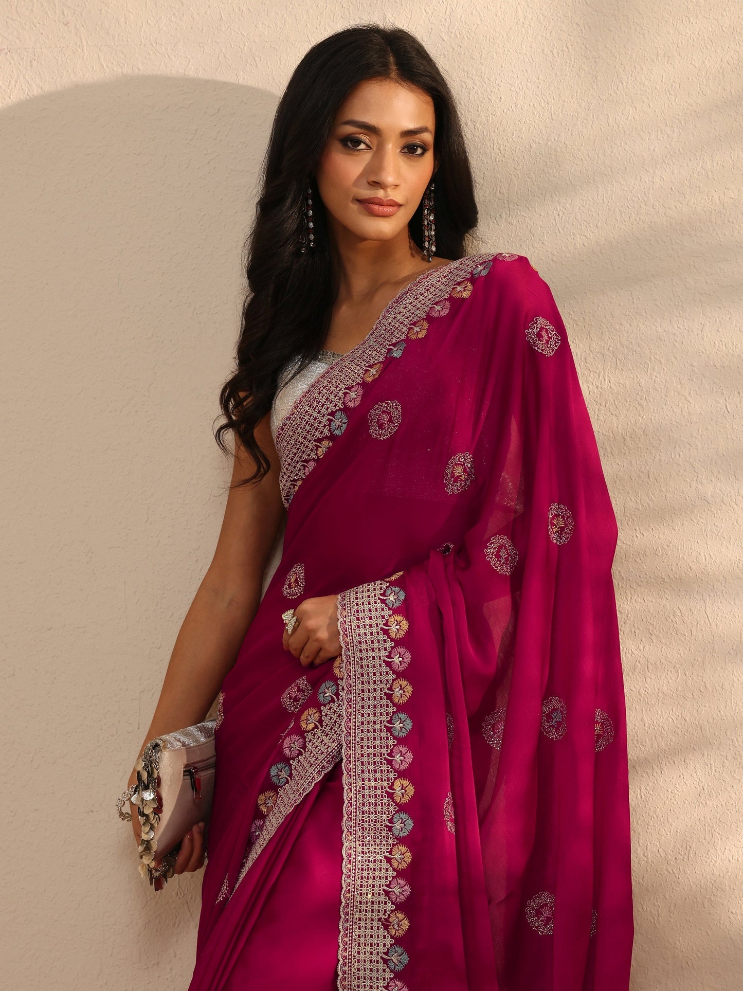 Libas Pink Embellished Satin Saree With Unstitched Blouse Piece