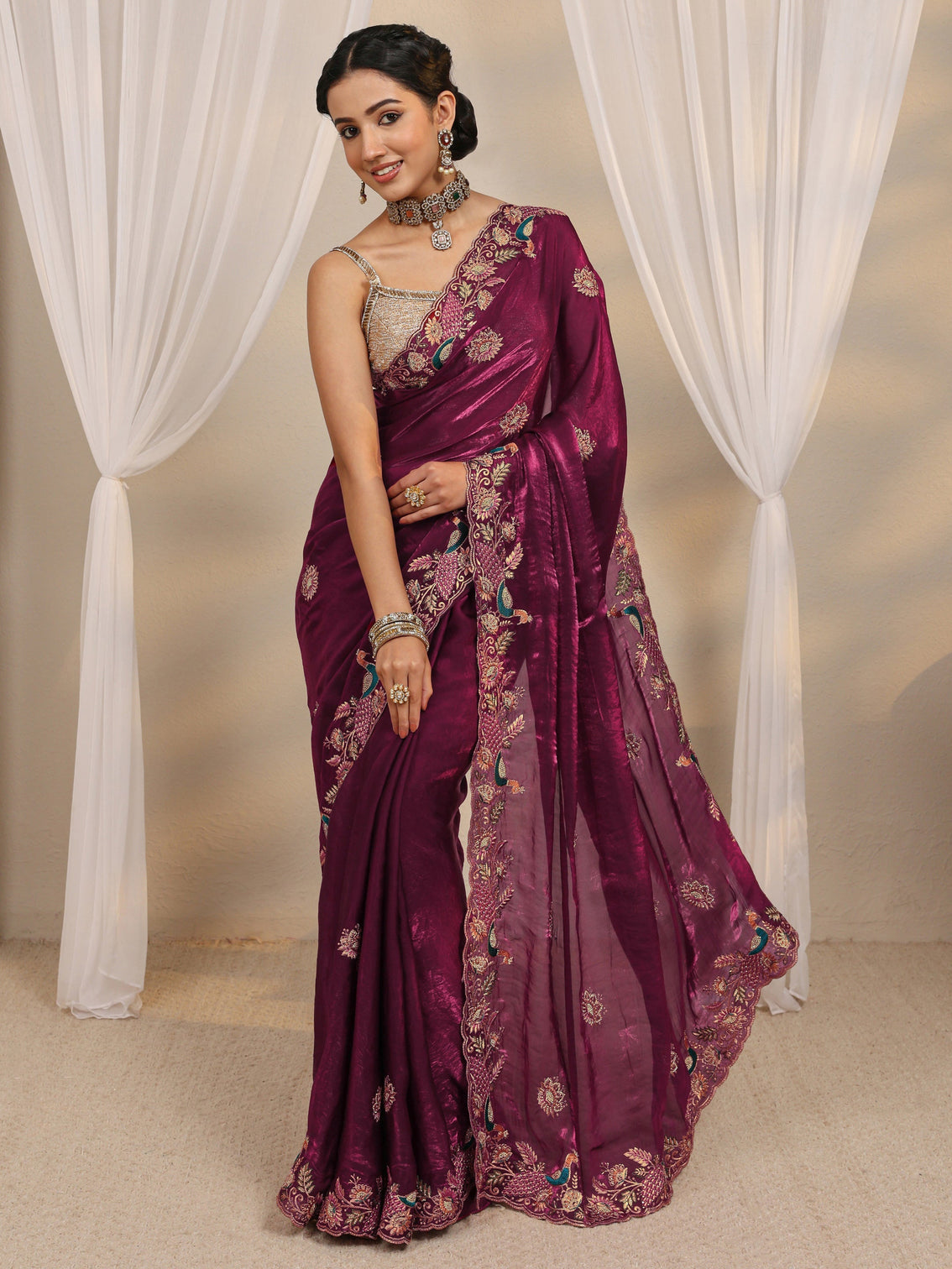 Mameraa Wine Ethnic Embroidered Tissue Saree With Unstitched Blouse Piece