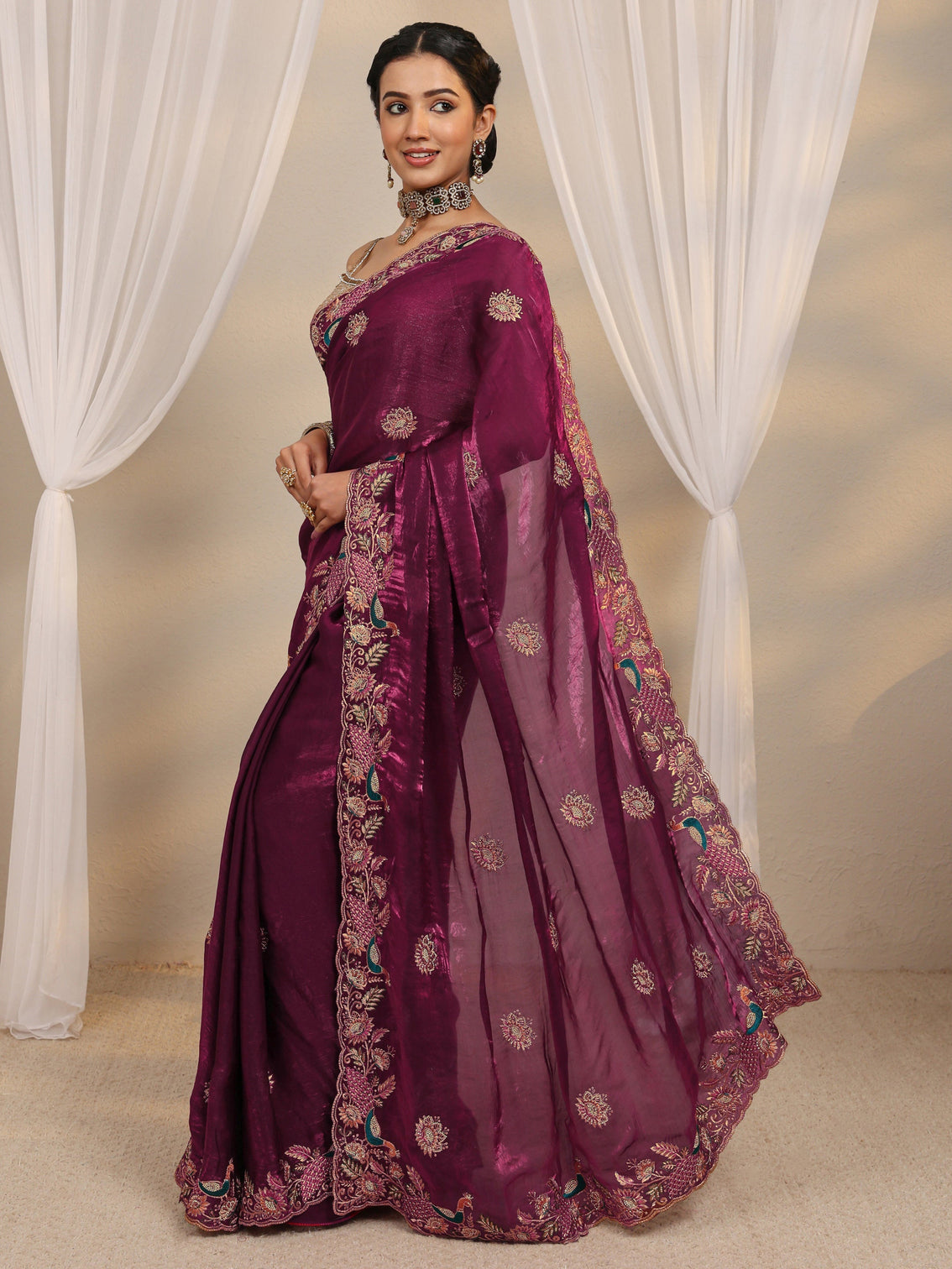 Mameraa Wine Ethnic Embroidered Tissue Saree With Unstitched Blouse Piece