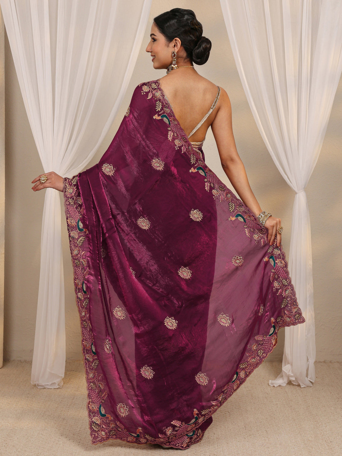 Mameraa Wine Ethnic Embroidered Tissue Saree With Unstitched Blouse Piece