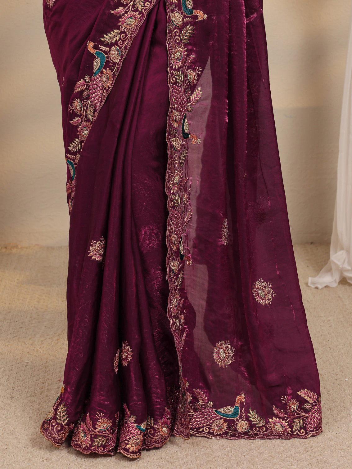Mameraa Wine Ethnic Embroidered Tissue Saree With Unstitched Blouse Piece