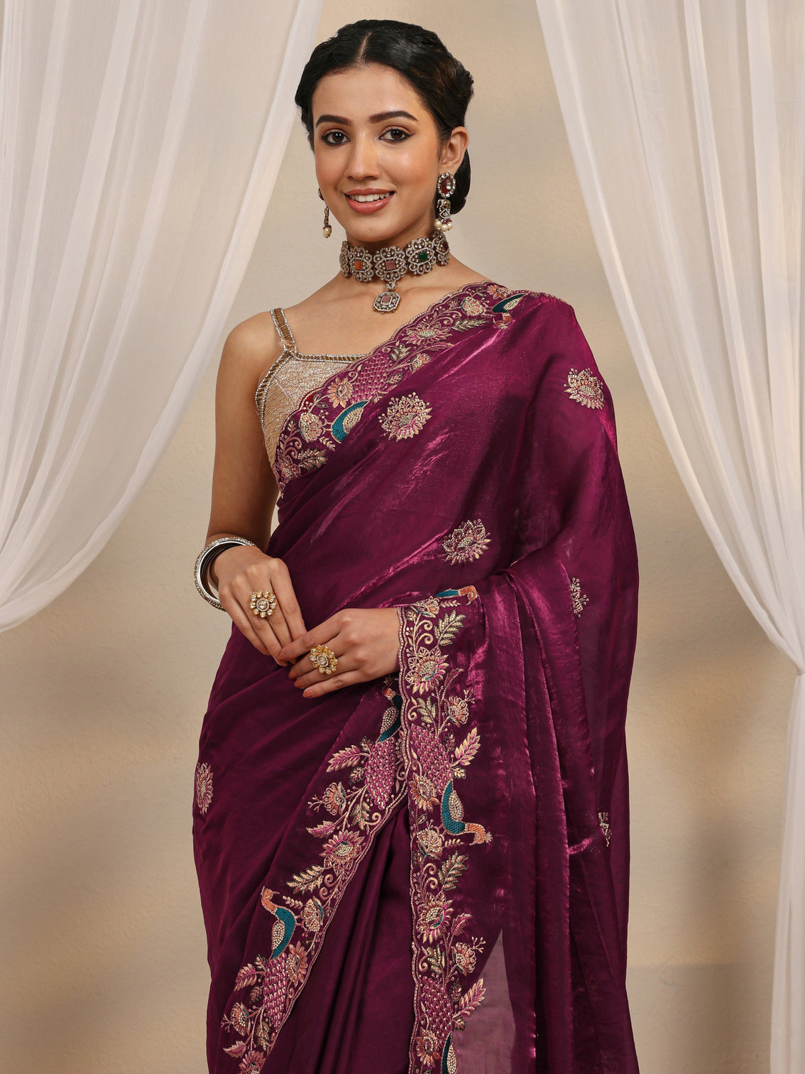 Mameraa Wine Ethnic Embroidered Tissue Saree With Unstitched Blouse Piece