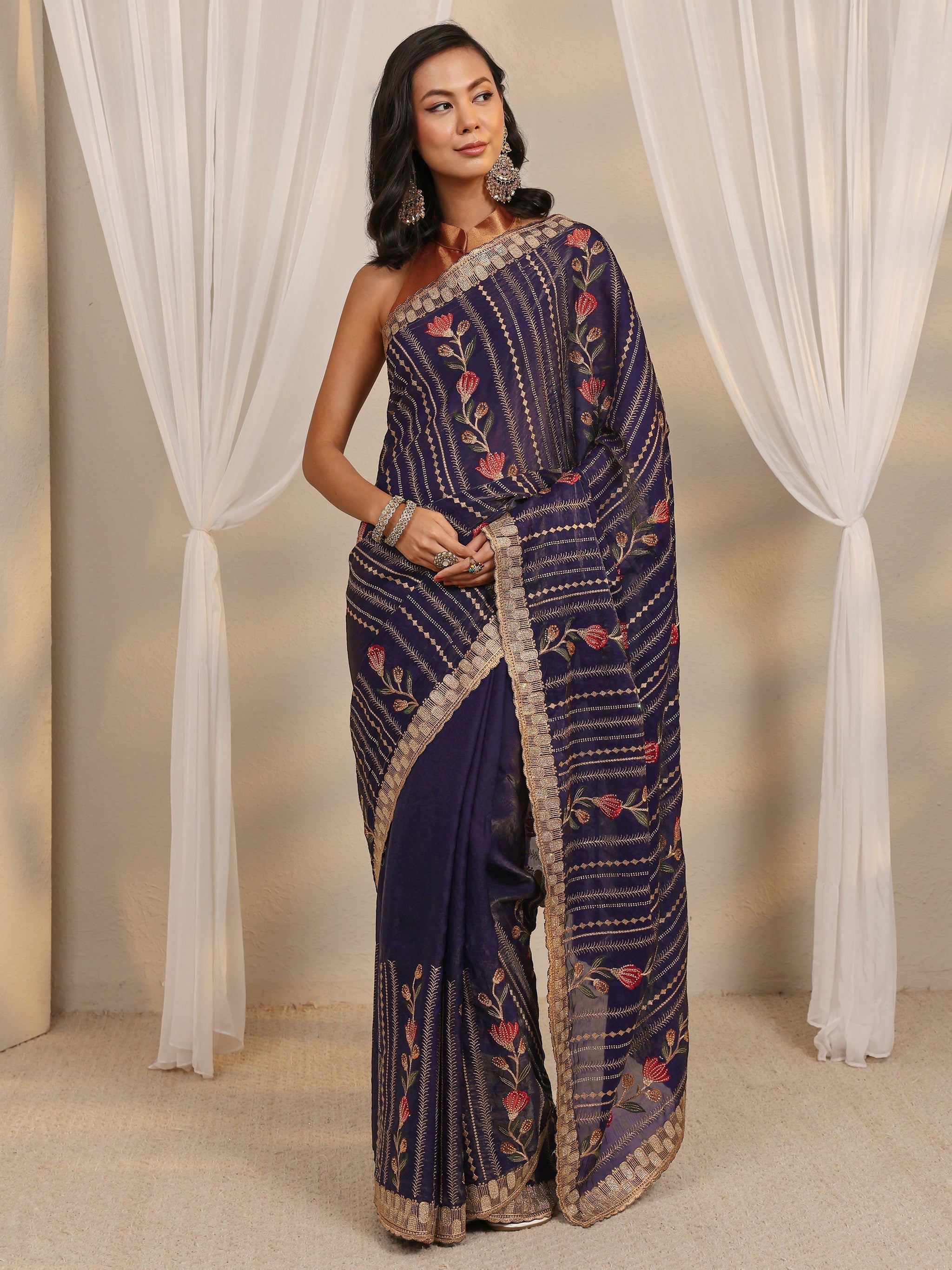Libas Purple Floral Embellished Tissue Saree With Unstitched Blouse Piece