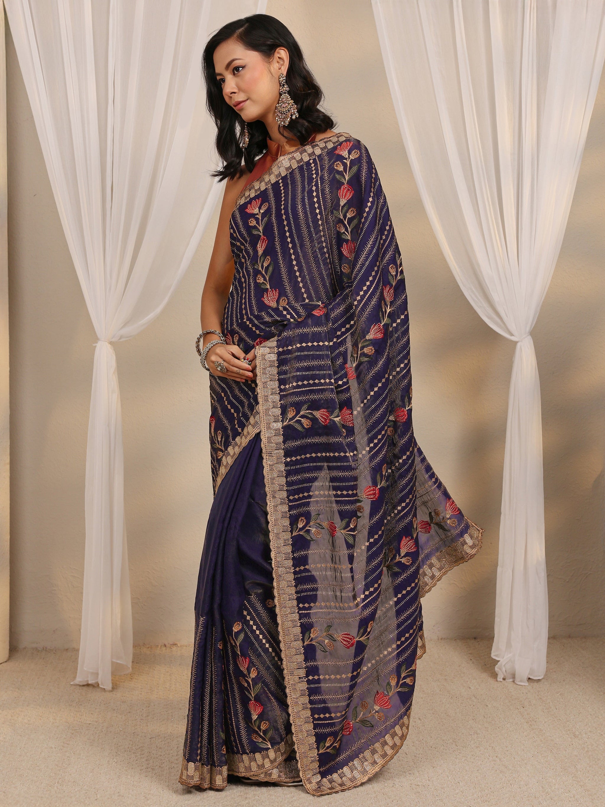 Libas Purple Floral Embellished Tissue Saree With Unstitched Blouse Piece