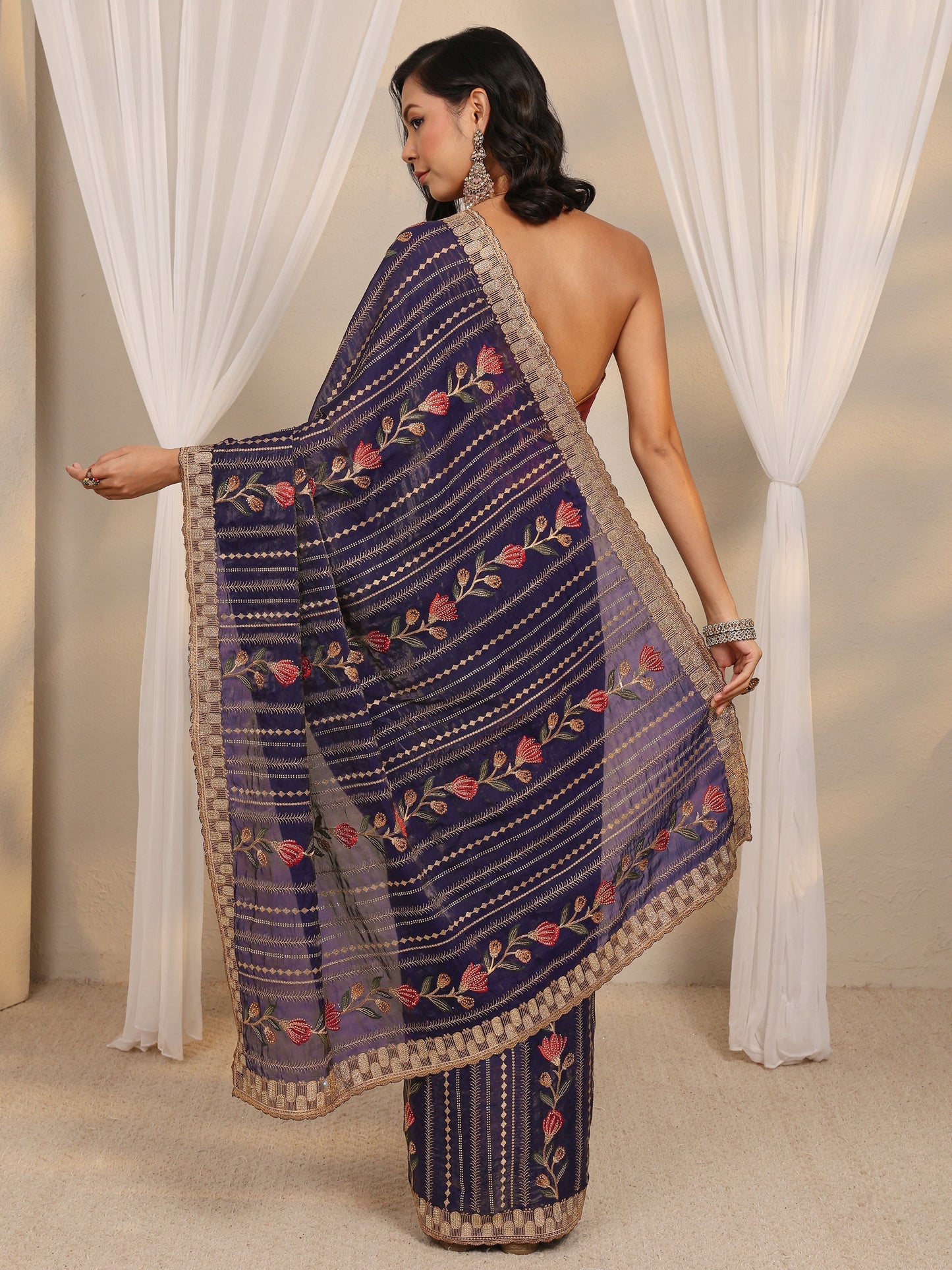 Libas Purple Floral Embellished Tissue Saree With Unstitched Blouse Piece