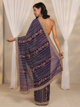 Libas Purple Floral Embellished Tissue Saree With Unstitched Blouse Piece
