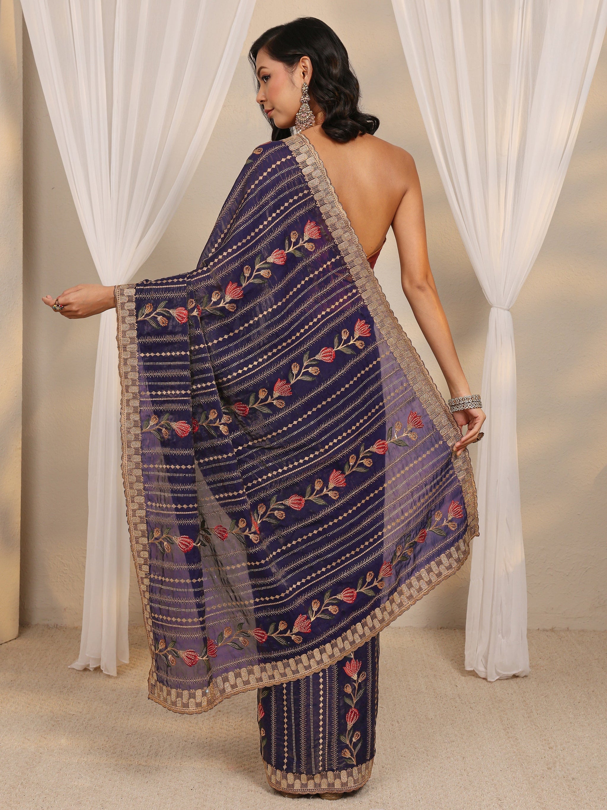 Libas Purple Floral Embellished Tissue Saree With Unstitched Blouse Piece