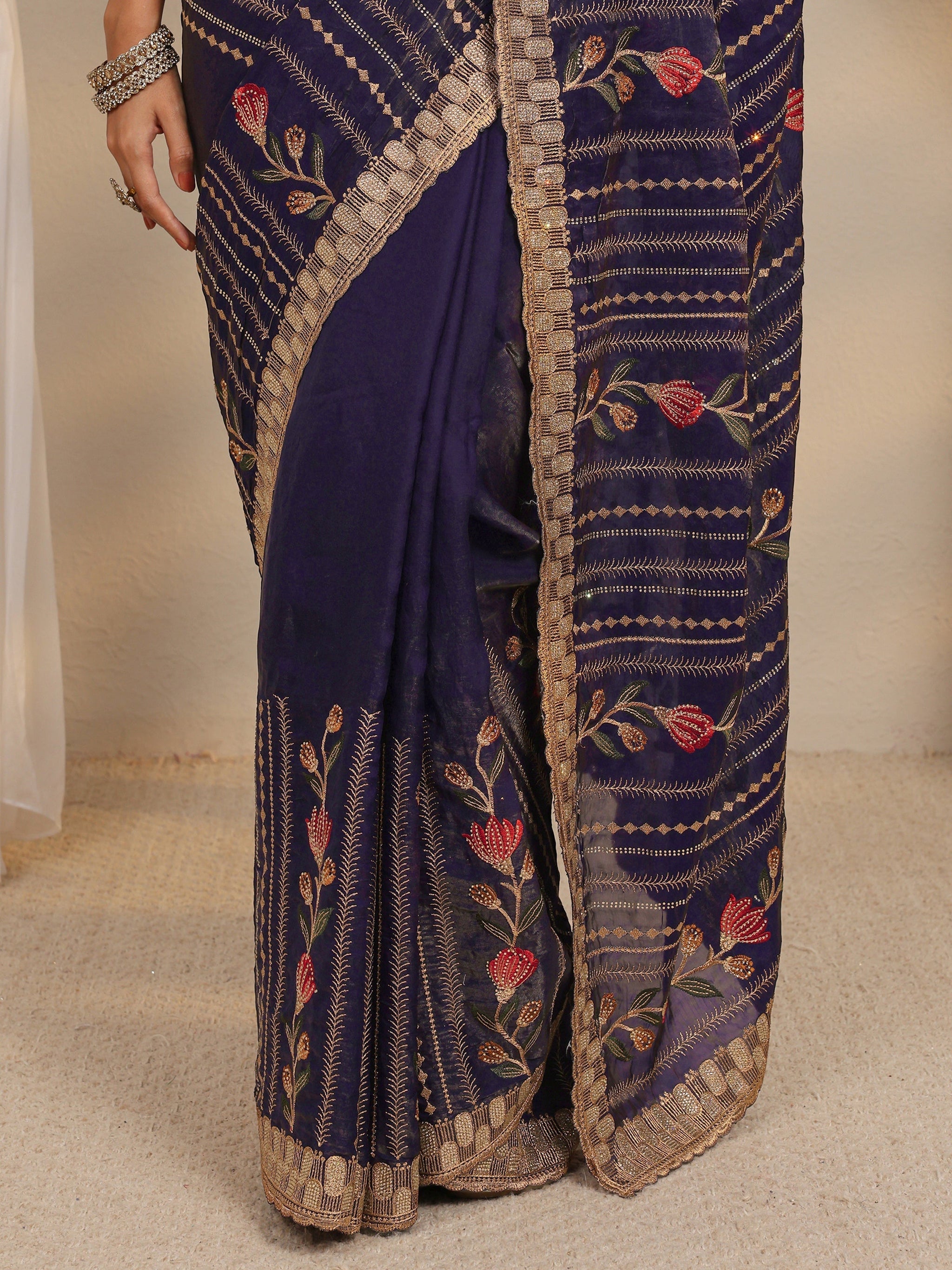 Libas Purple Floral Embellished Tissue Saree With Unstitched Blouse Piece