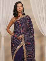 Libas Purple Floral Embellished Tissue Saree With Unstitched Blouse Piece