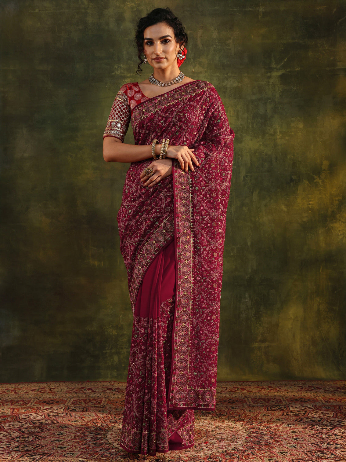 Mameraa Art Red Jamawar Embroidered Georgette Saree With Unstitched Blouse Piece