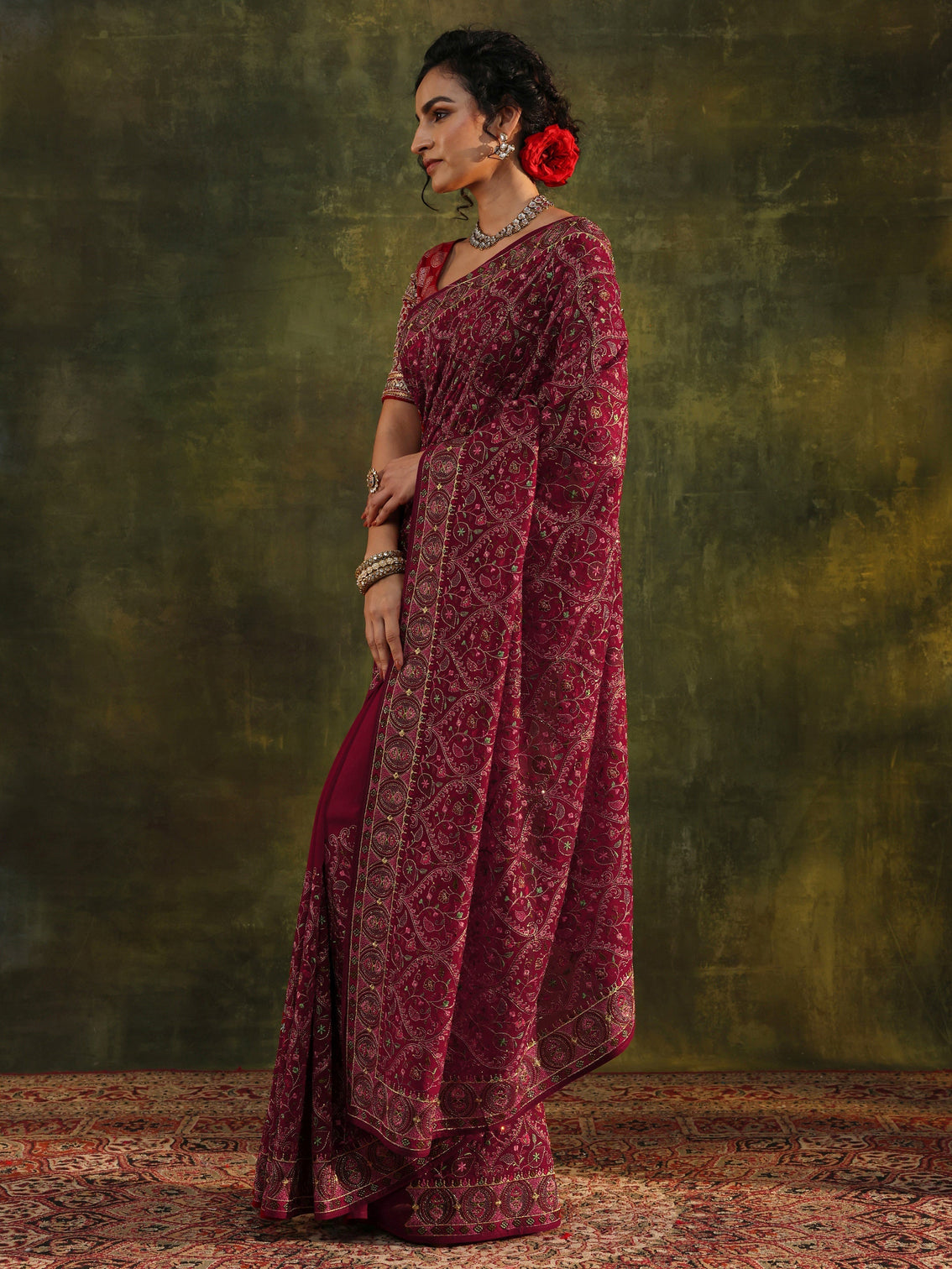 Mameraa Art Red Jamawar Embroidered Georgette Saree With Unstitched Blouse Piece