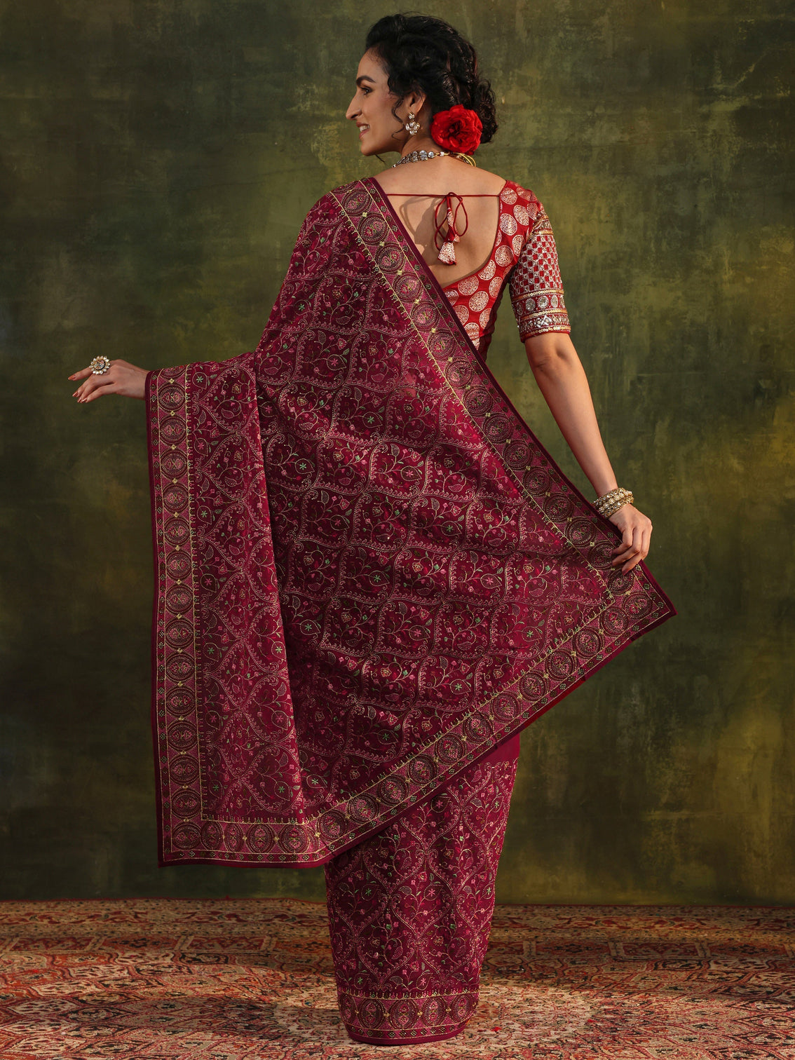 Mameraa Art Red Jamawar Embroidered Georgette Saree With Unstitched Blouse Piece