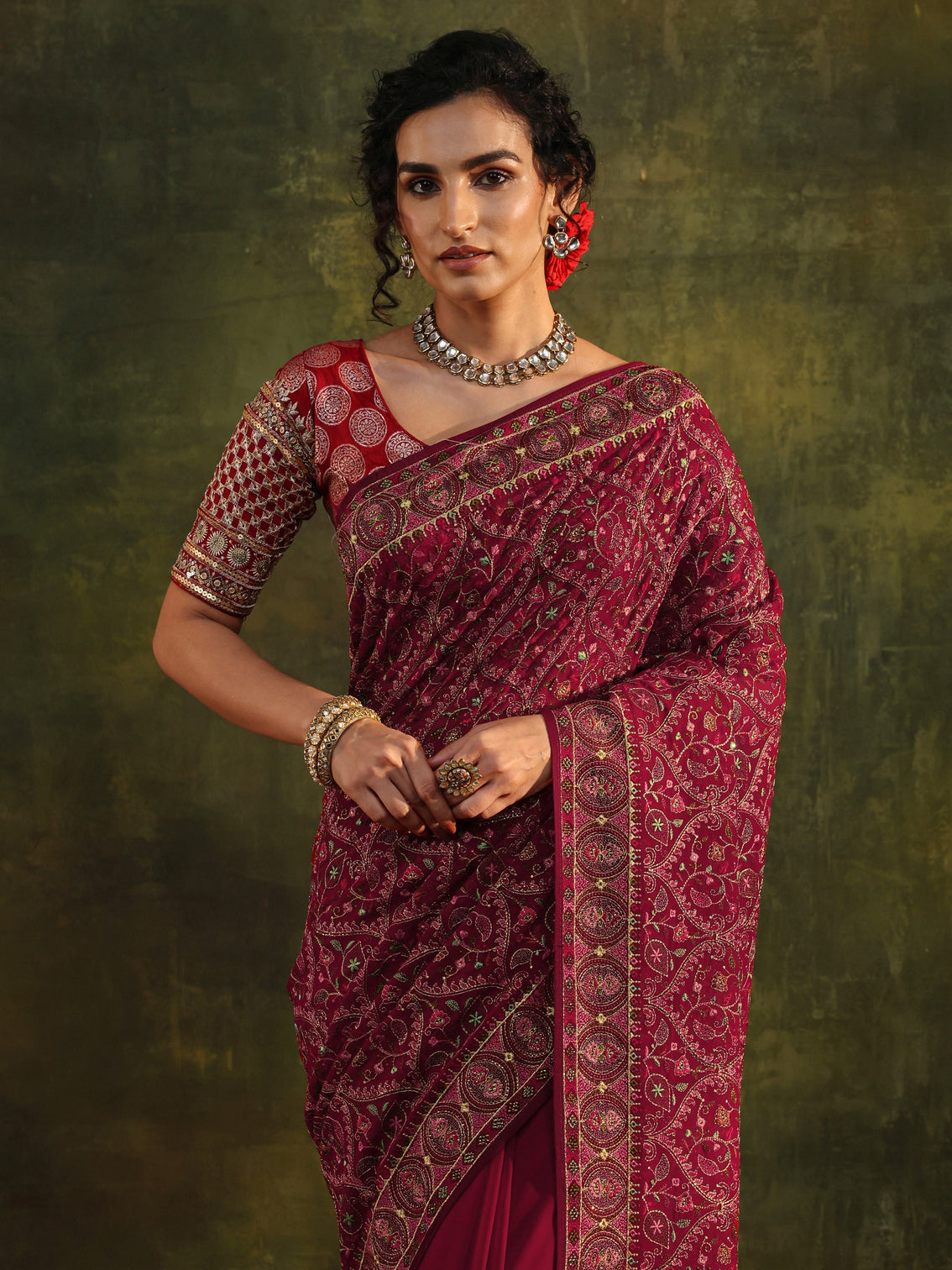 Mameraa Art Red Jamawar Embroidered Georgette Saree With Unstitched Blouse Piece