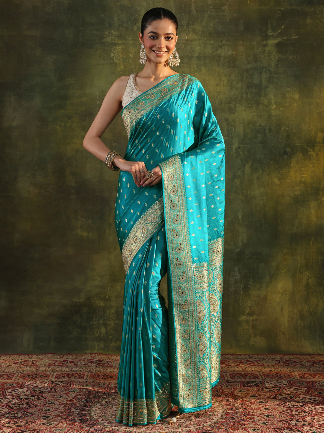 Mameraa Art Blue Woven Design Satin Banarasi Saree With Unstitched Blouse Piece
