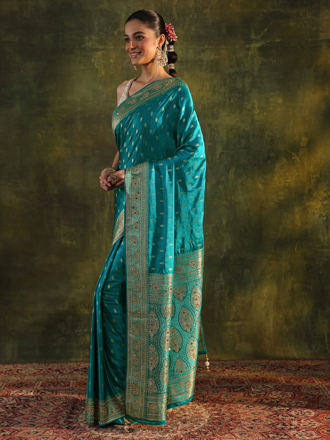 Mameraa Art Blue Woven Design Satin Banarasi Saree With Unstitched Blouse Piece