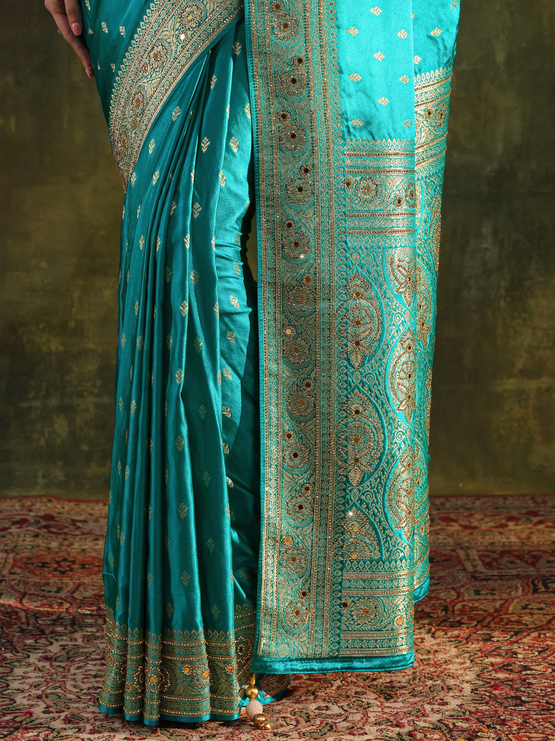 Mameraa Art Blue Woven Design Satin Banarasi Saree With Unstitched Blouse Piece