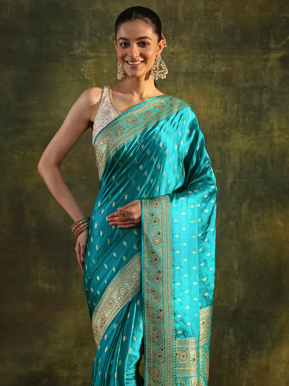 Mameraa Art Blue Woven Design Satin Banarasi Saree With Unstitched Blouse Piece