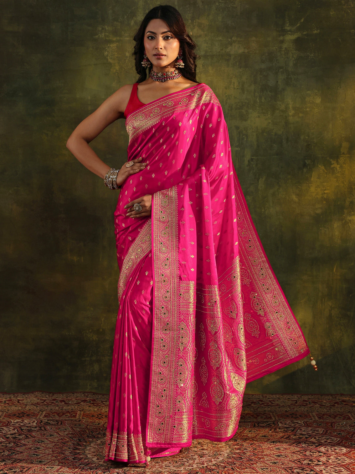 Mameraa Art Pink Embellished Satin Saree With Unstitched Blouse Piece