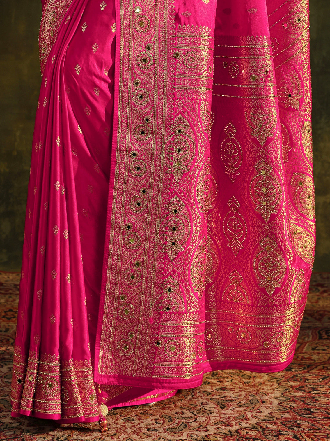 Mameraa Art Pink Embellished Satin Saree With Unstitched Blouse Piece