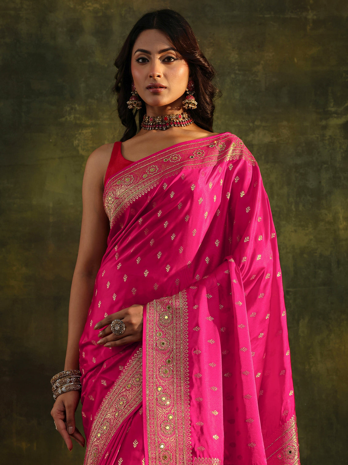 Mameraa Art Pink Embellished Satin Saree With Unstitched Blouse Piece