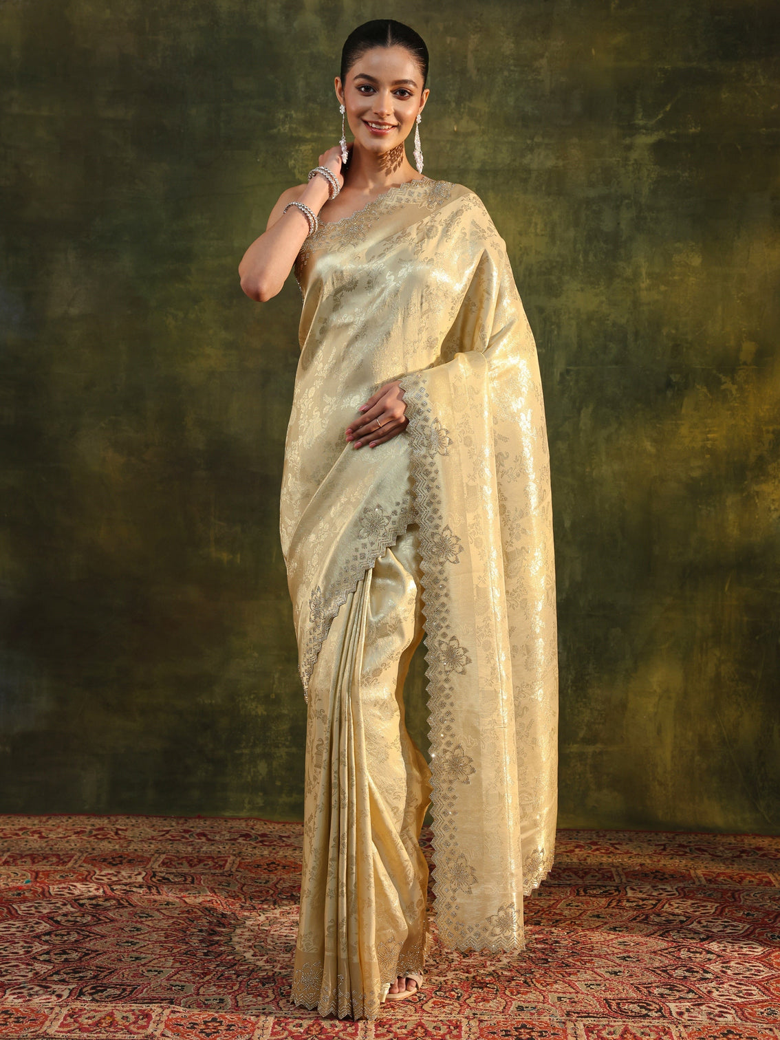Mameraa Gold Floral Embellished Silk Blend Saree With Unstitched Blouse Piece