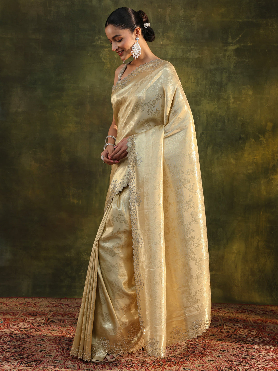 Mameraa Gold Floral Embellished Silk Blend Saree With Unstitched Blouse Piece