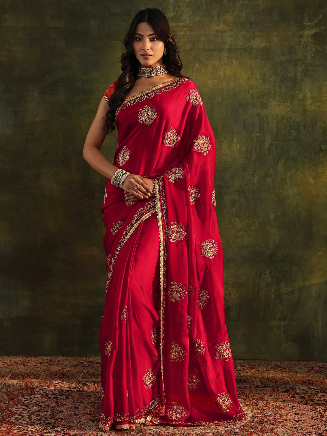 Mameraa Red Embellished Satin Saree With Unstitched Blouse Piece