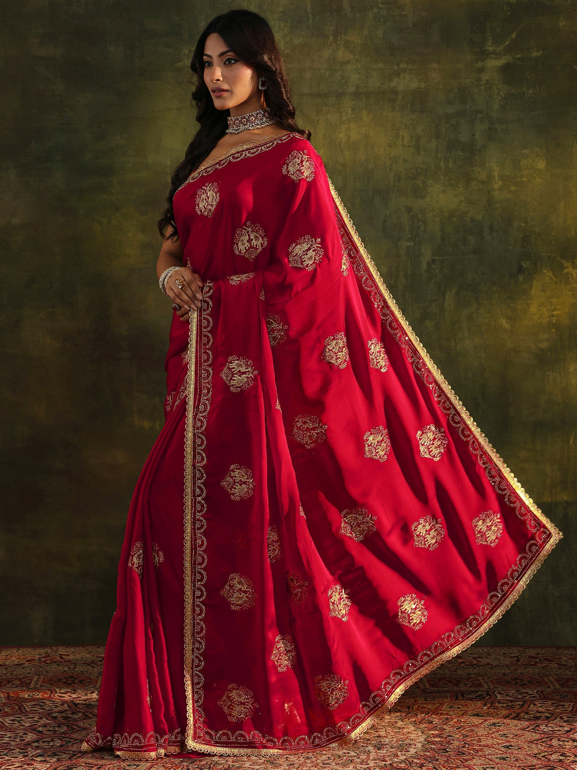 Mameraa Red Embellished Satin Saree With Unstitched Blouse Piece