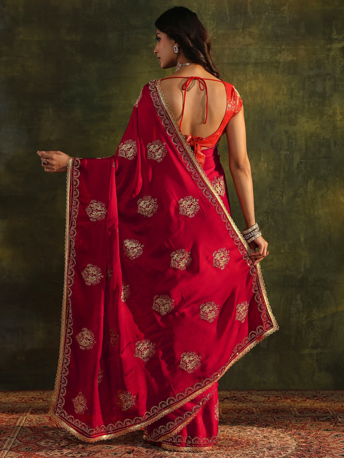 Mameraa Red Embellished Satin Saree With Unstitched Blouse Piece