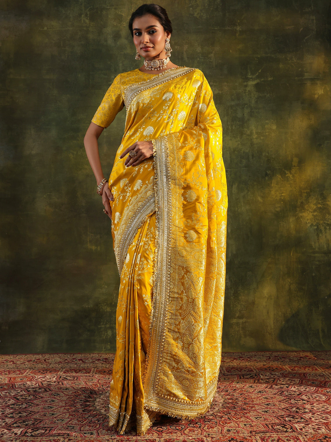 Mameraa Art Mustard Embellished Woven Design Silk Saree With Unstitched Blouse Piece