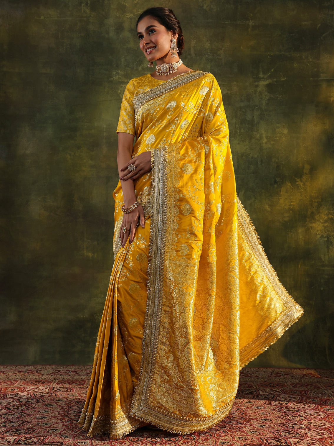 Mameraa Art Mustard Embellished Woven Design Silk Saree With Unstitched Blouse Piece