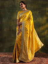Libas Art Mustard Embellished Woven Design Silk Saree With Unstitched Blouse Piece