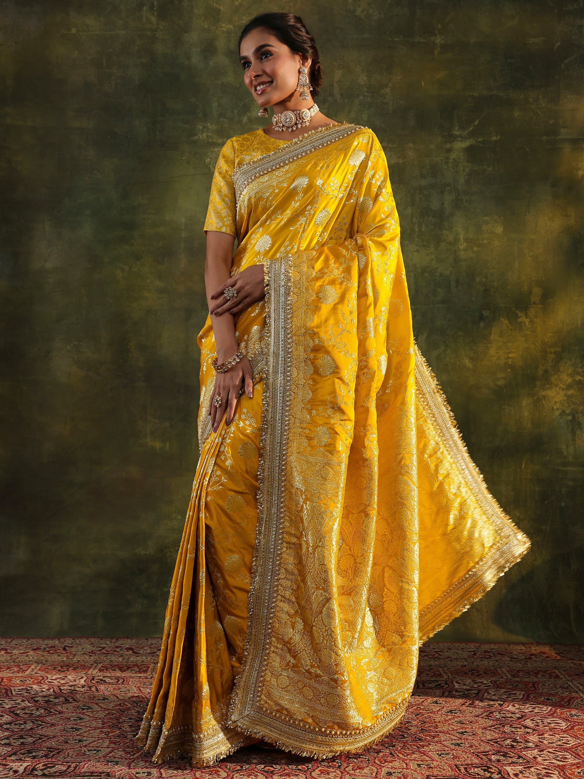 Libas Art Mustard Embellished Woven Design Silk Saree With Unstitched Blouse Piece