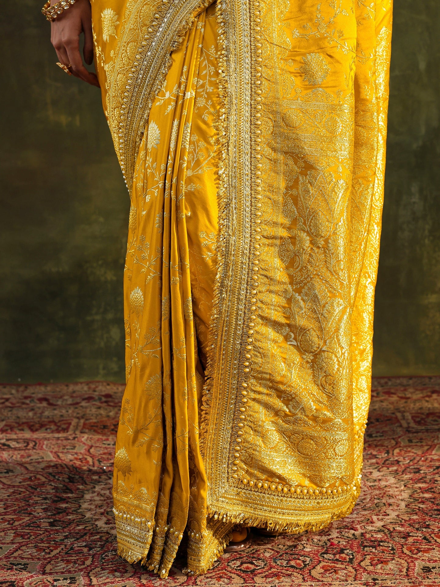 Libas Art Mustard Embellished Woven Design Silk Saree With Unstitched Blouse Piece