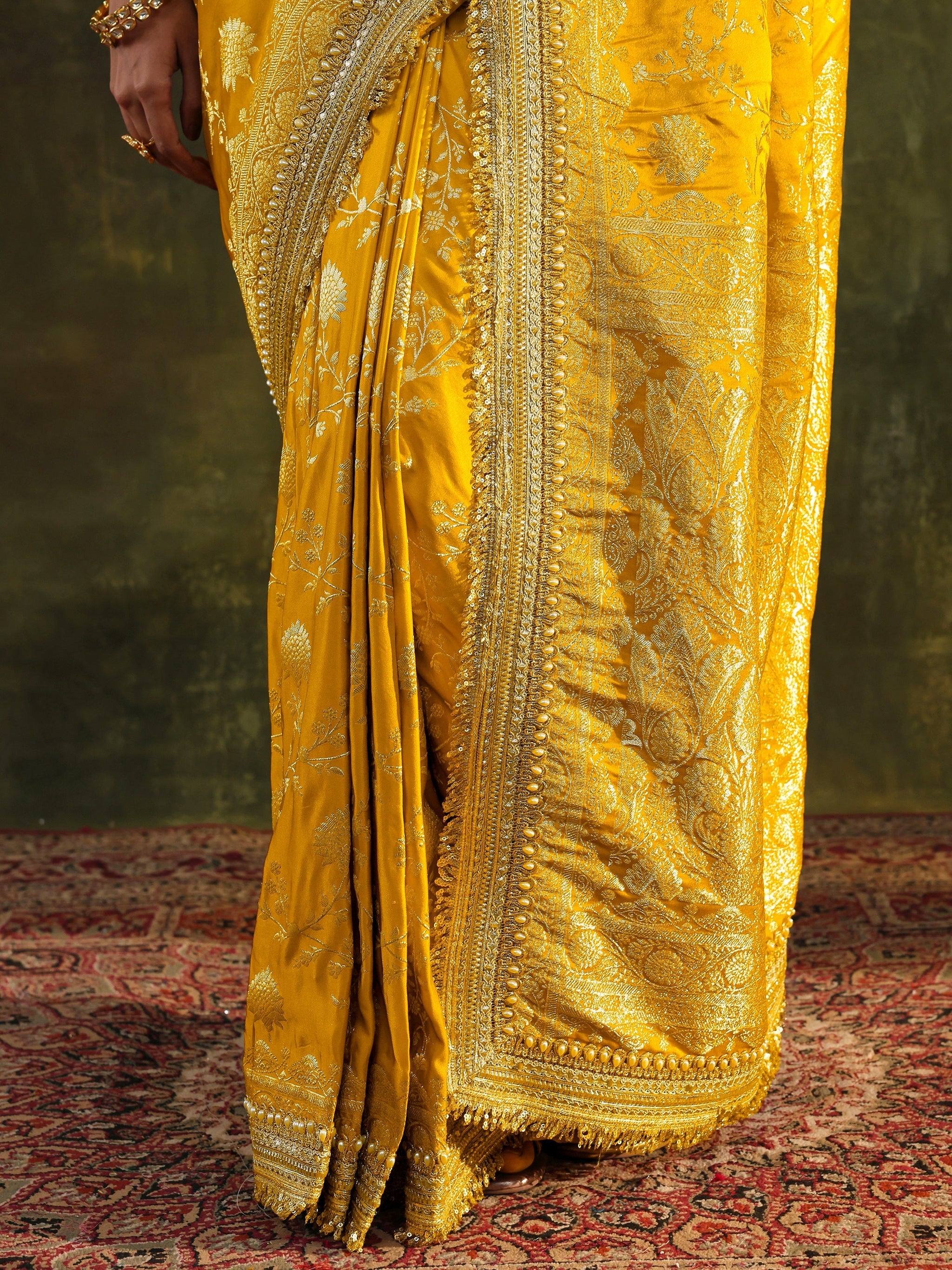 Libas Art Mustard Embellished Woven Design Silk Saree With Unstitched Blouse Piece