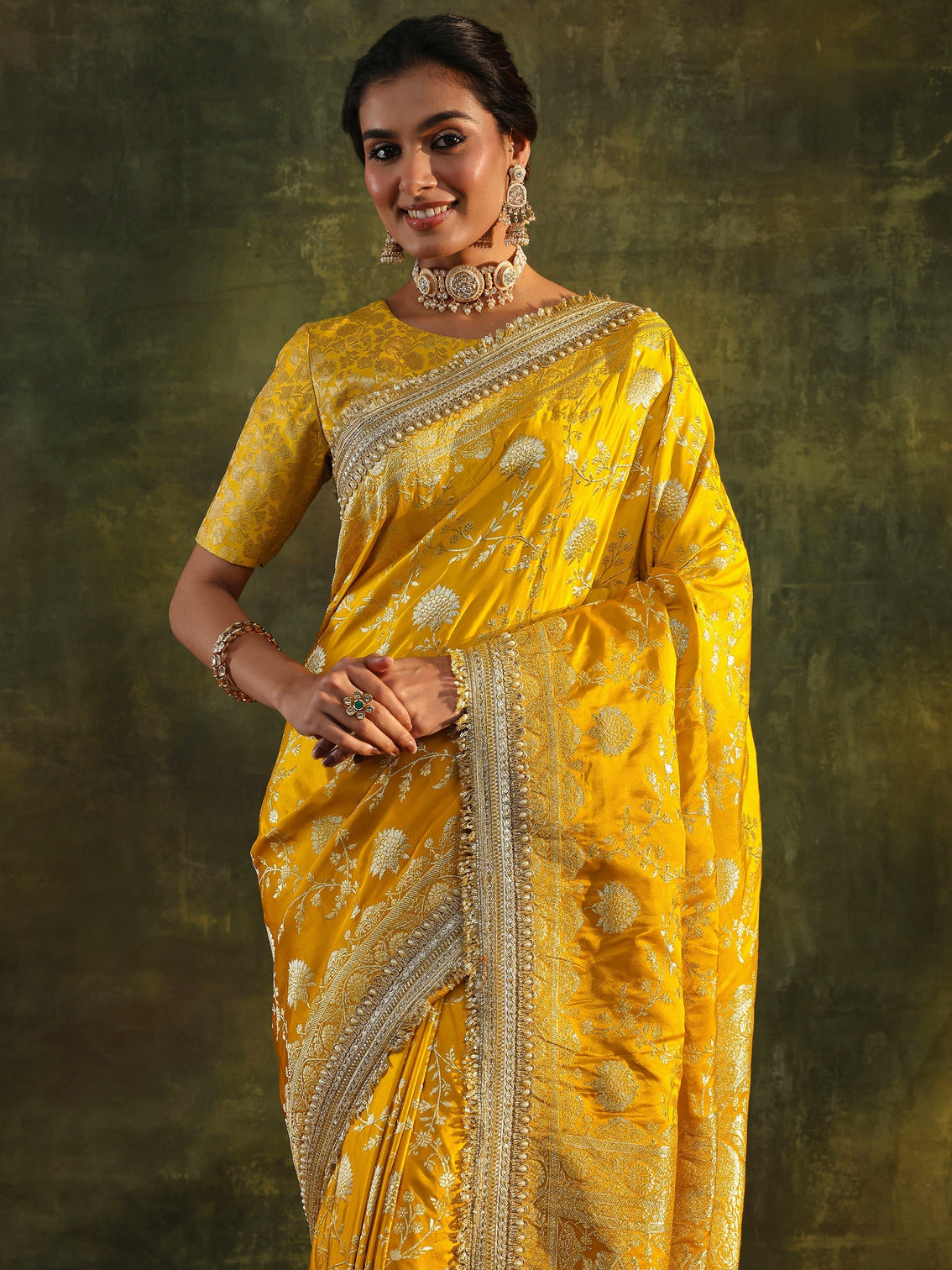 Mameraa Art Mustard Embellished Woven Design Silk Saree With Unstitched Blouse Piece