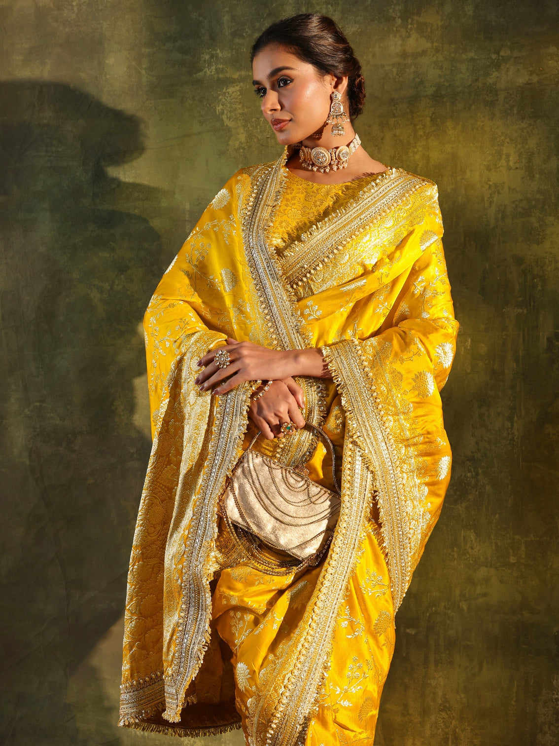 Mameraa Art Mustard Embellished Woven Design Silk Saree With Unstitched Blouse Piece