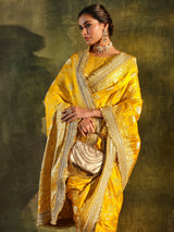 Libas Art Mustard Embellished Woven Design Silk Saree With Unstitched Blouse Piece