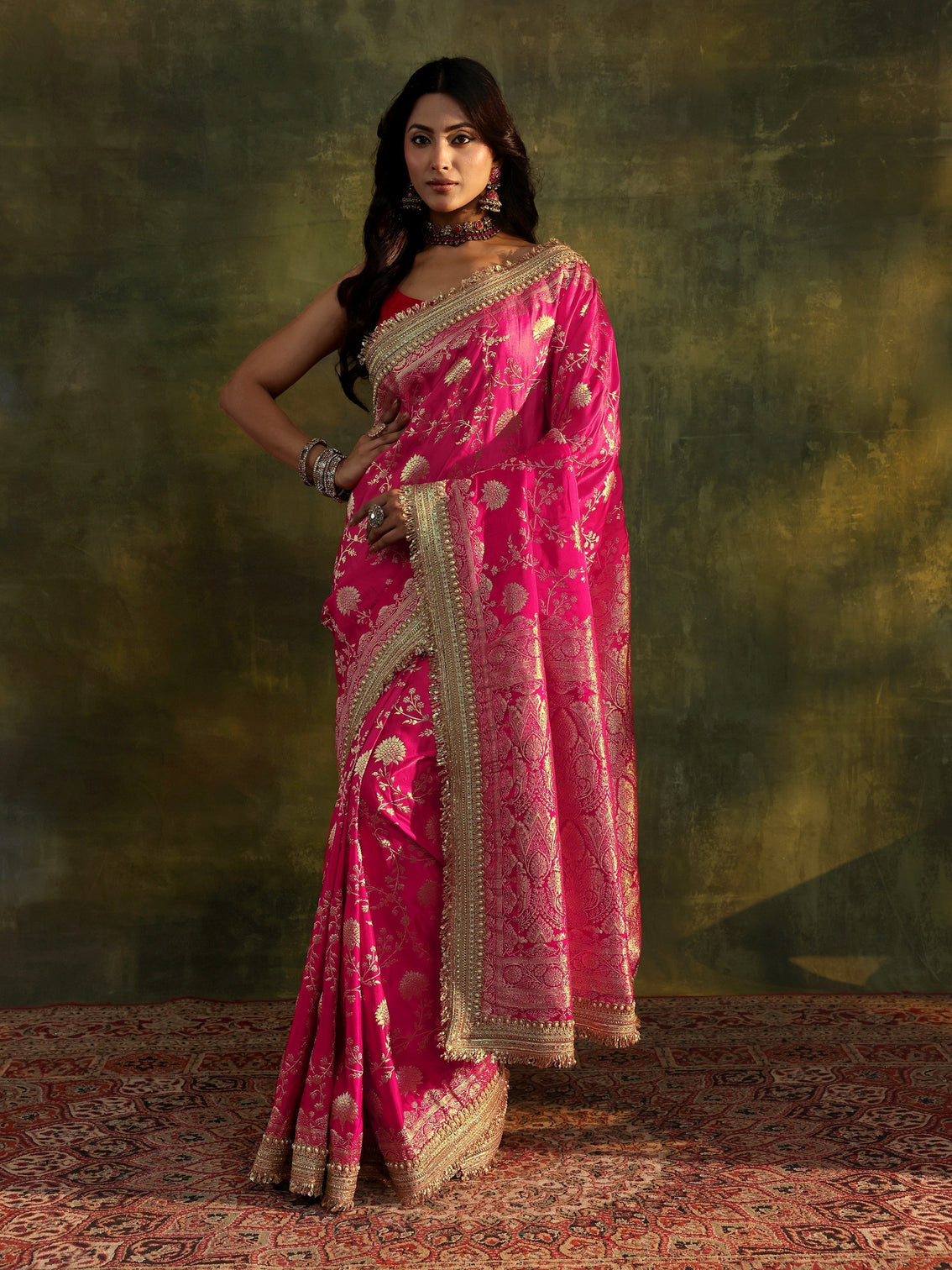 Mameraa Art Pink Banarasi Silk Saree With Unstitched Blouse Piece