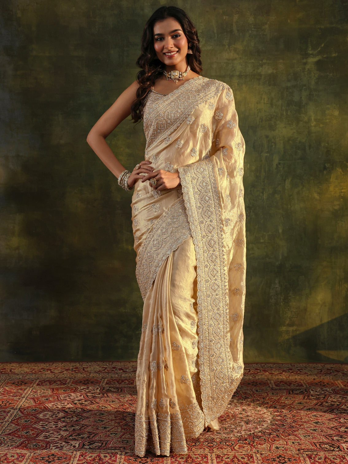 Mameraa Art Beige Embellished Tissue Saree With Unstitched Blouse Piece