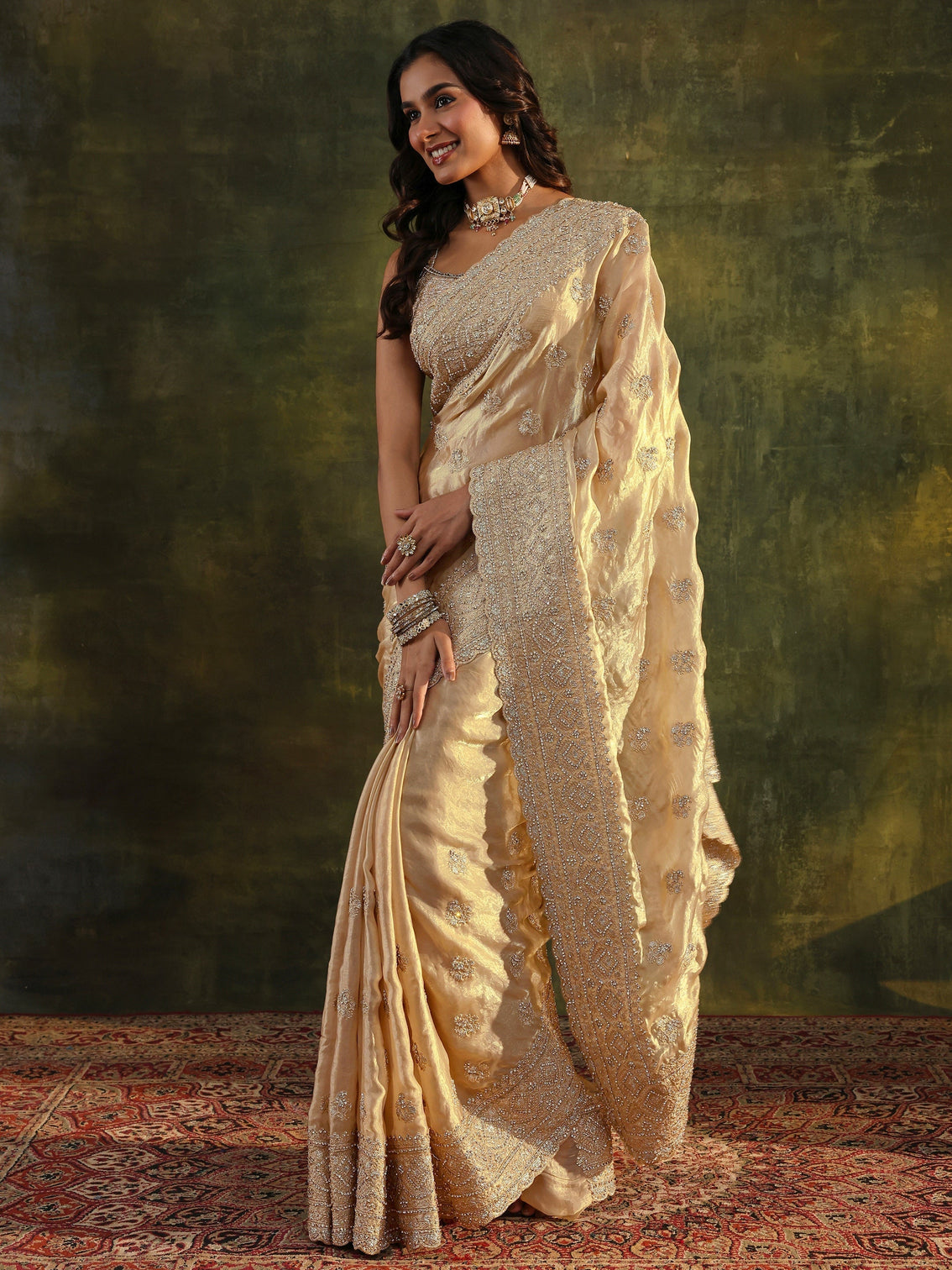 Mameraa Art Beige Embellished Tissue Saree With Unstitched Blouse Piece