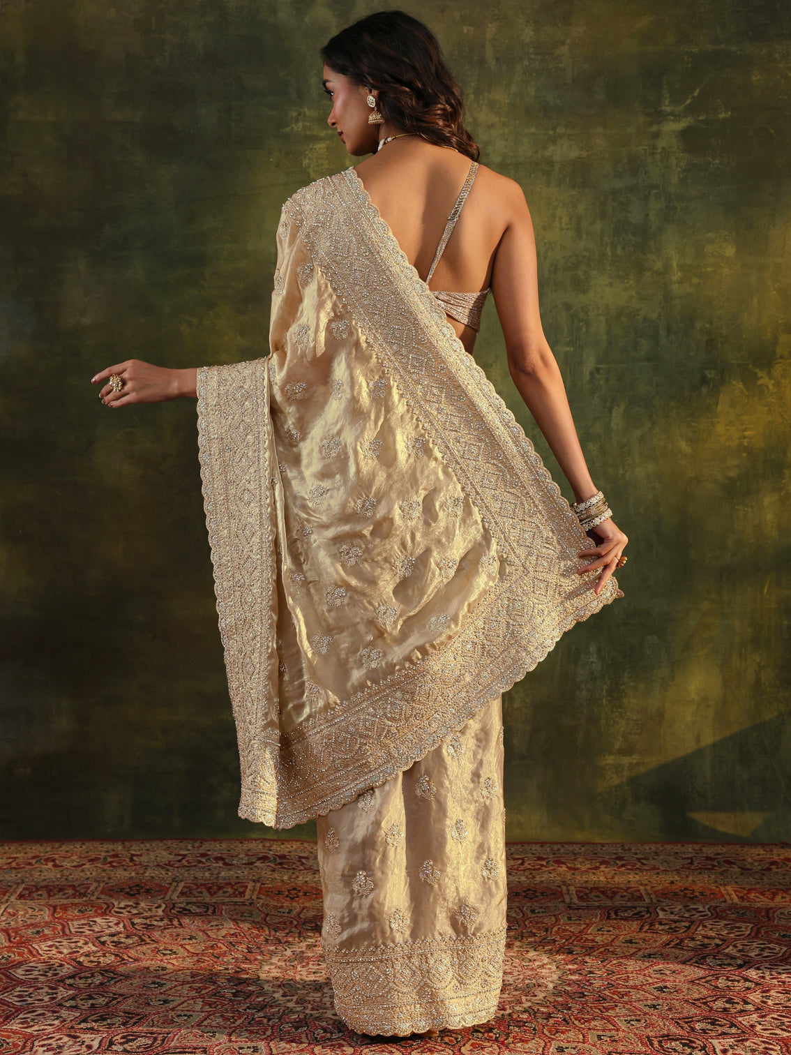 Mameraa Art Beige Embellished Tissue Saree With Unstitched Blouse Piece