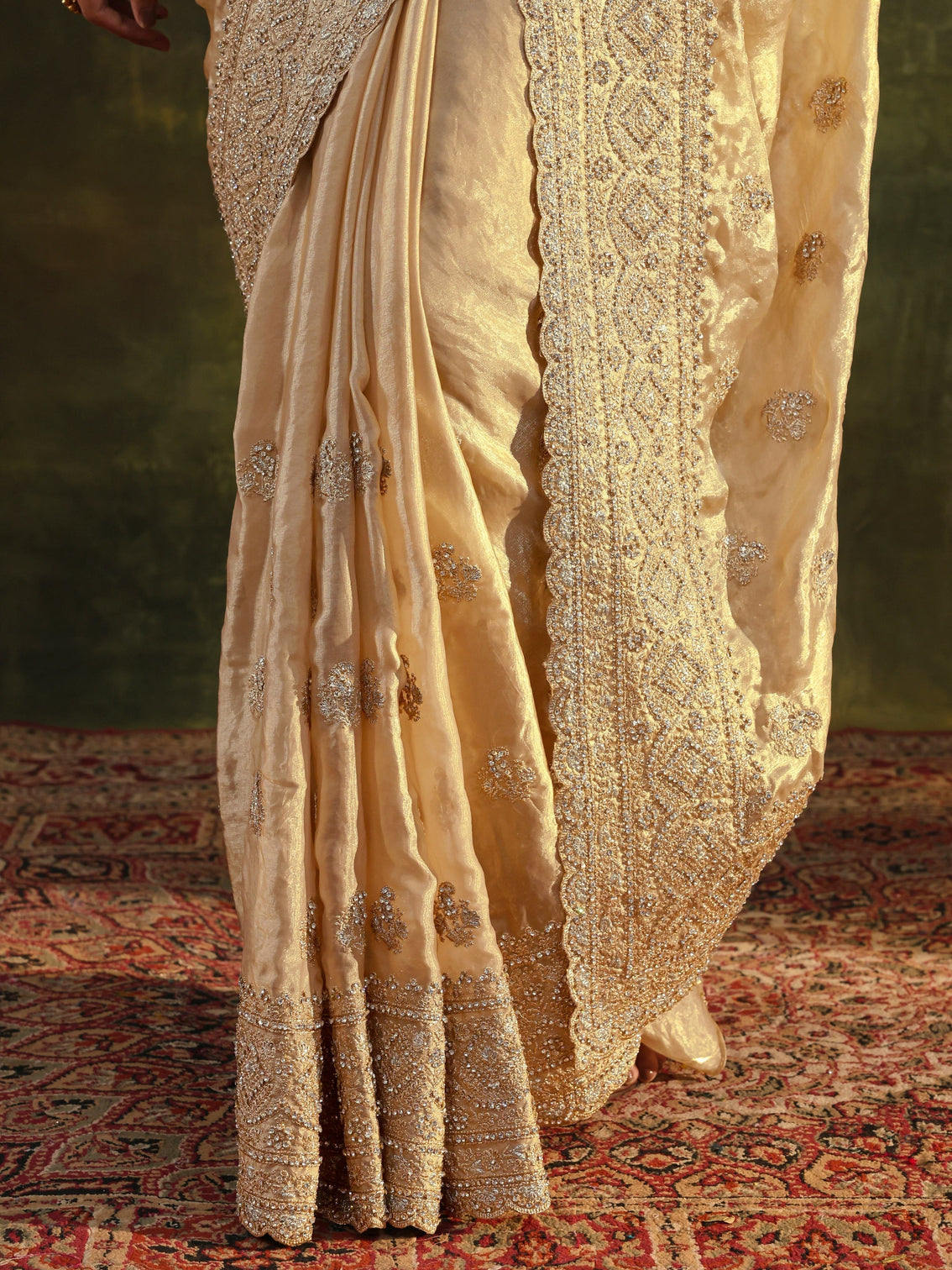 Mameraa Art Beige Embellished Tissue Saree With Unstitched Blouse Piece