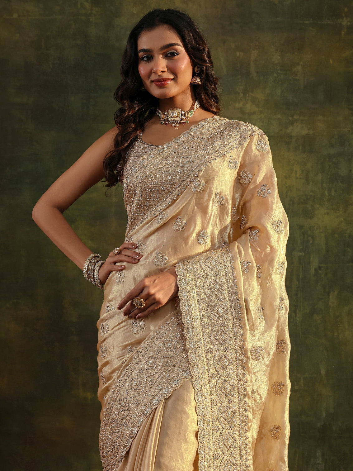 Mameraa Art Beige Embellished Tissue Saree With Unstitched Blouse Piece