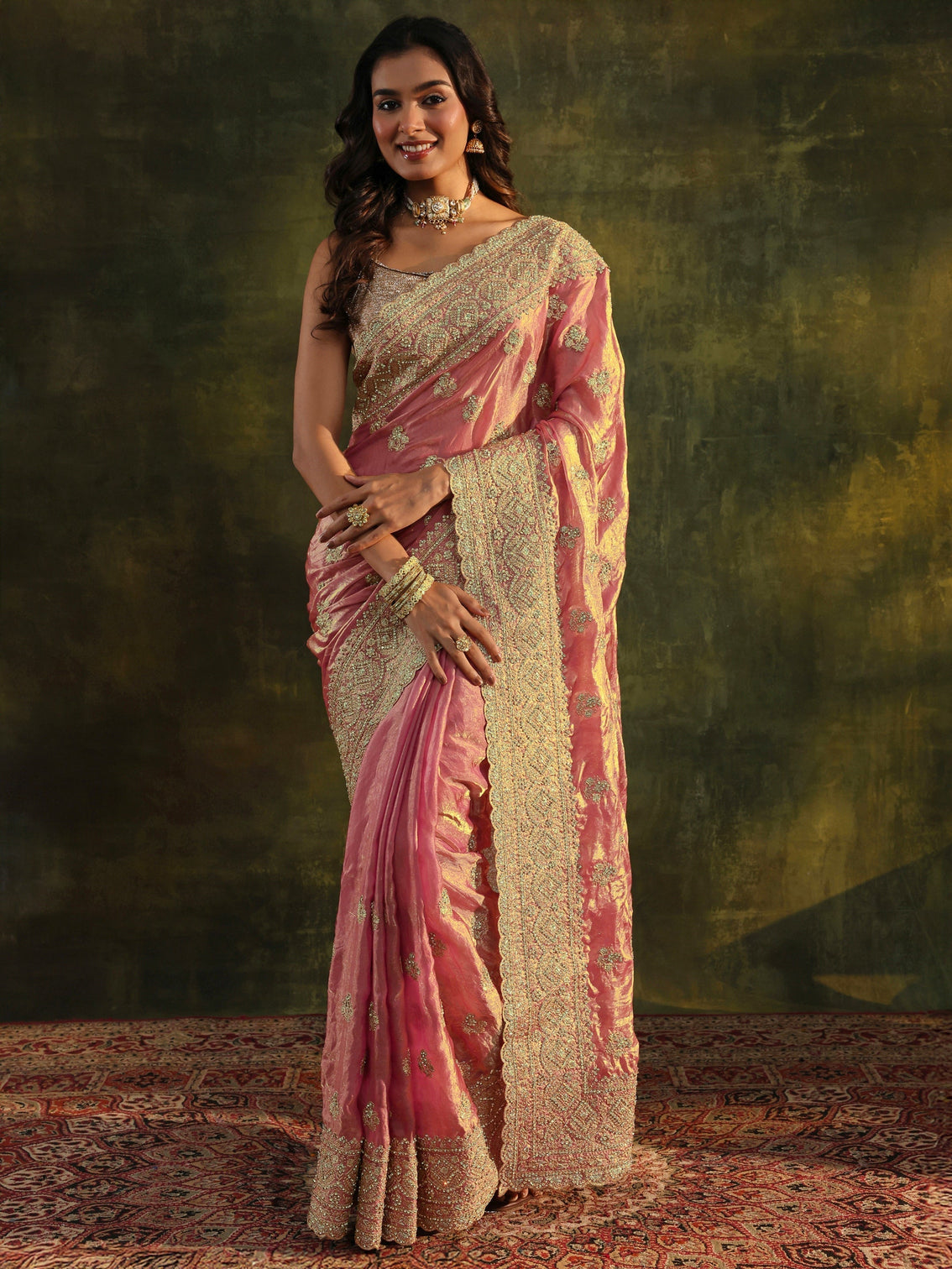 Mameraa Art Peach Embellished Tissue Saree With Unstitched Blouse Piece