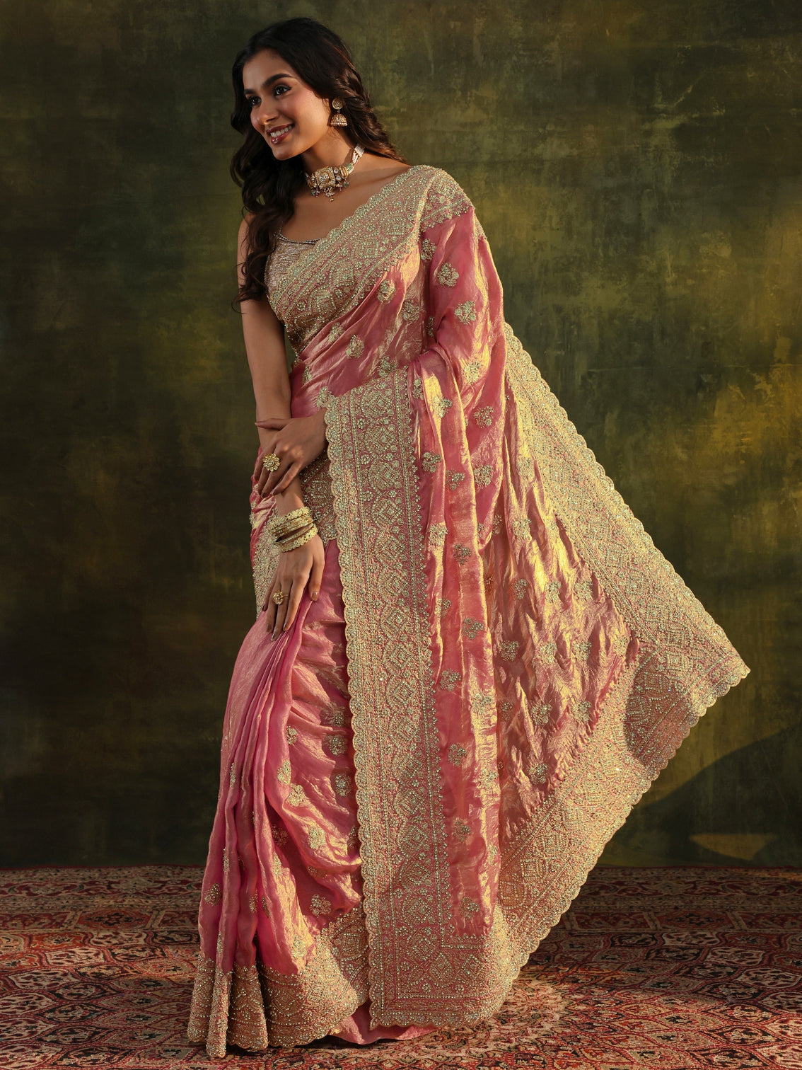 Mameraa Art Peach Embellished Tissue Saree With Unstitched Blouse Piece