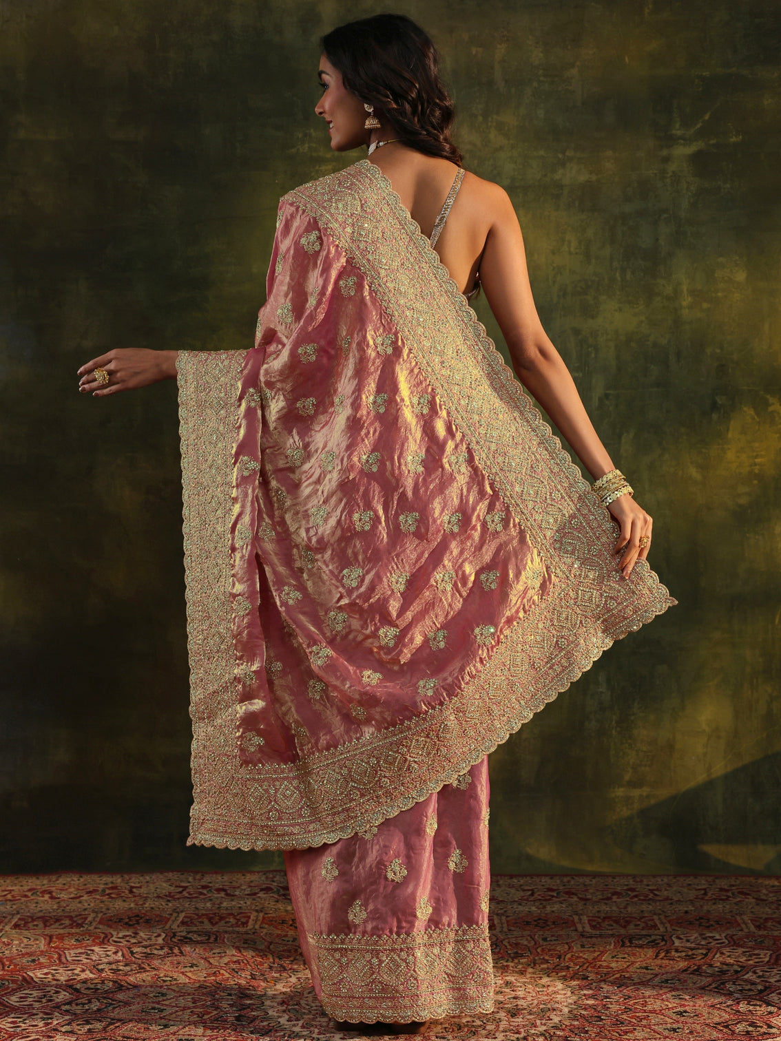 Mameraa Art Peach Embellished Tissue Saree With Unstitched Blouse Piece