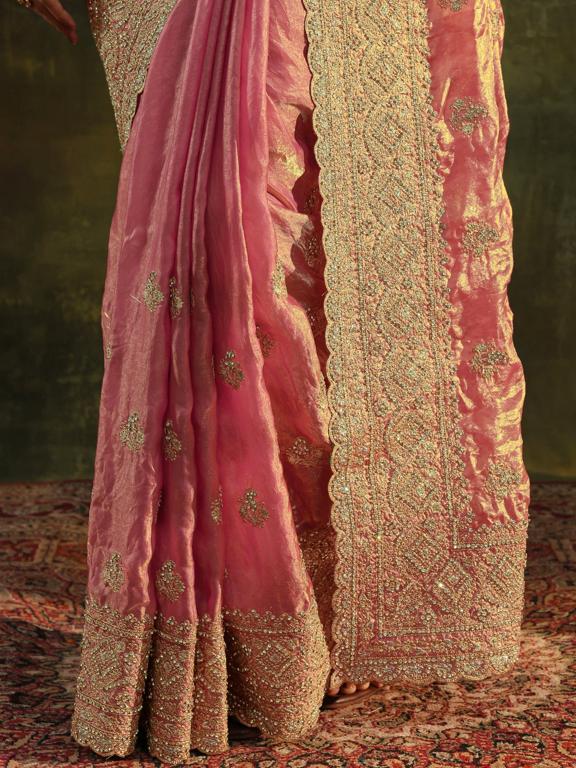 Mameraa Art Peach Embellished Tissue Saree With Unstitched Blouse Piece