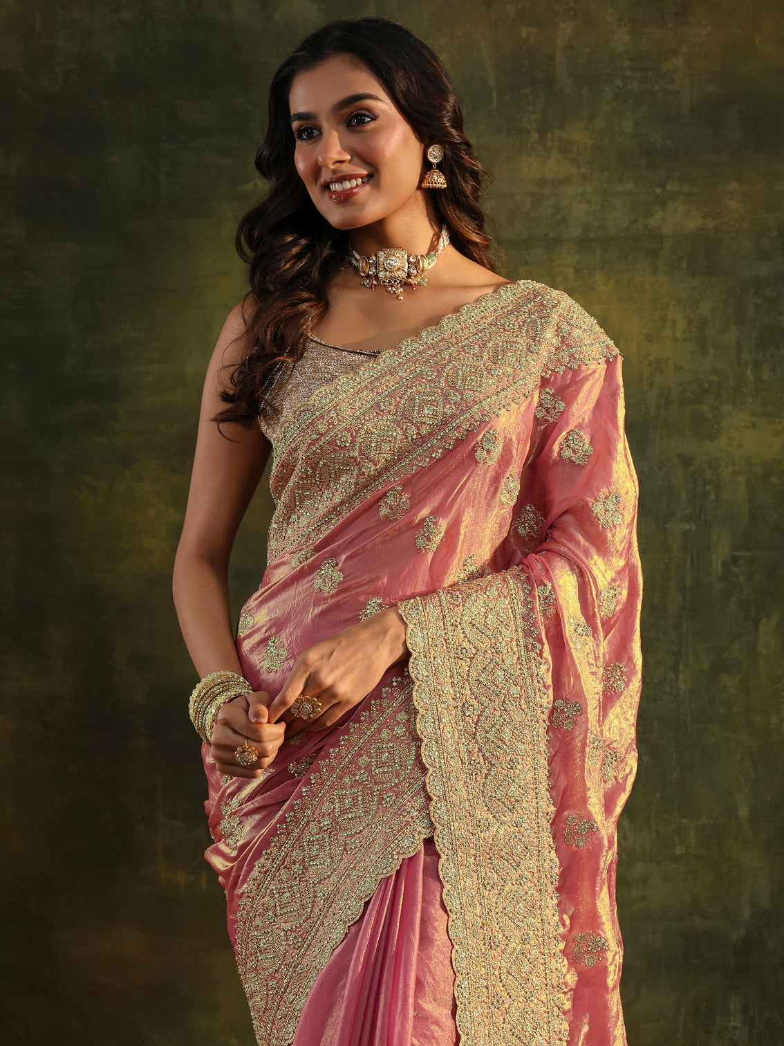 Mameraa Art Peach Embellished Tissue Saree With Unstitched Blouse Piece